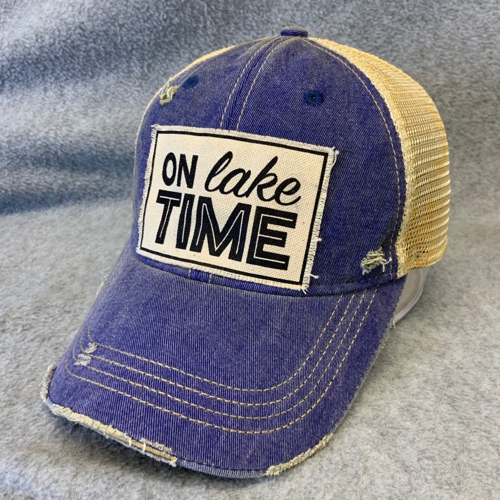 On Lake Time Unisex Blue Headmost Trucker Hat Distressed Snapback OSFM
